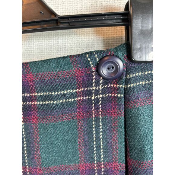 Preppy Wool Plaid Wrap Skirt Green Burgundy Tartan Mini - Picture 5 of 9